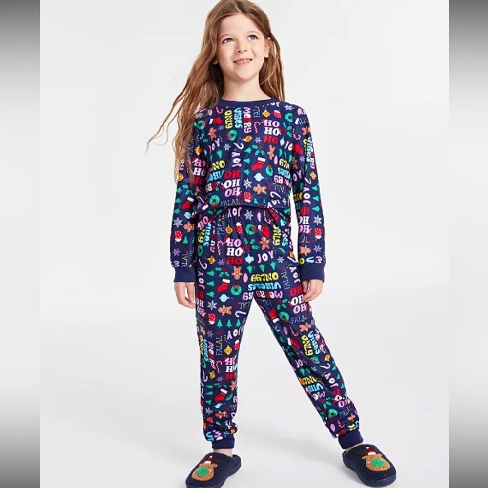 NEW Family PJs Kids Navy Christmas Merry‎ Vibes Holiday Pajama Set 4-5